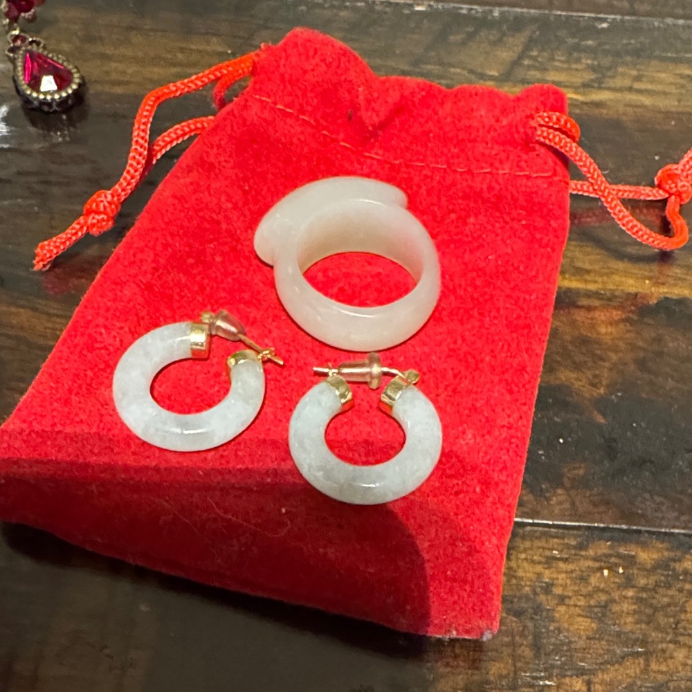 Elegant 14k  Jade Hoop Earrings and Ring Set